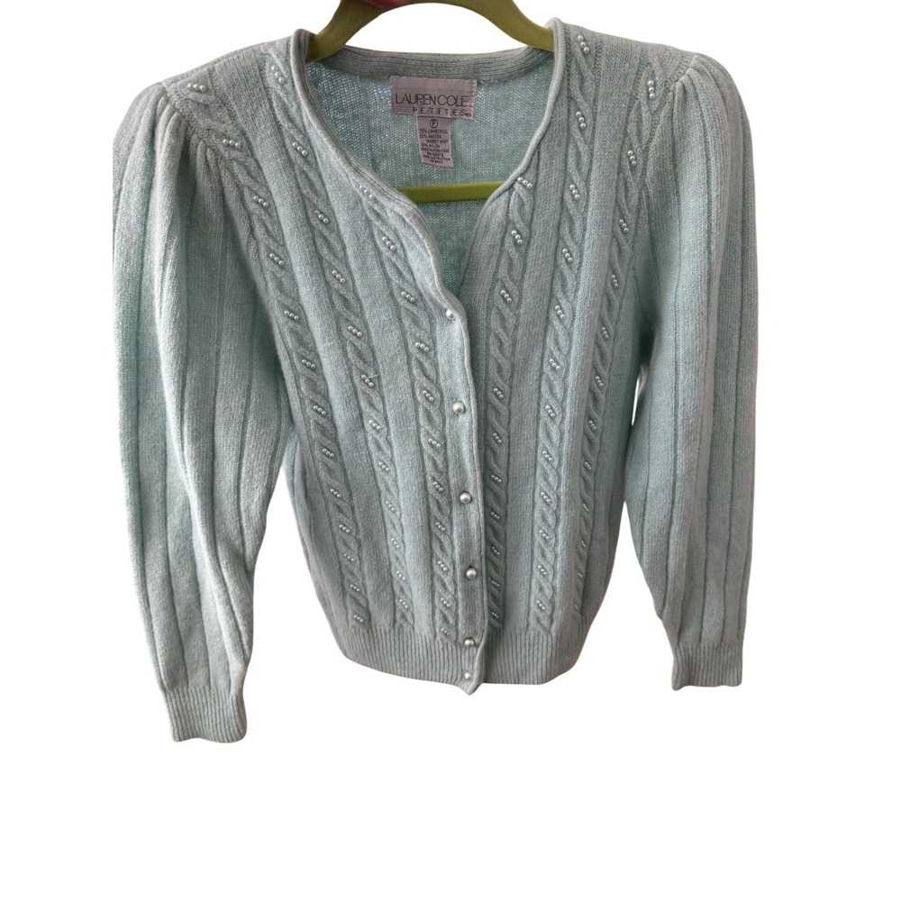 Lauren Cole Petites Mint Green Lambswool Angora Pearl Cable‎ Knit Cardigan Small